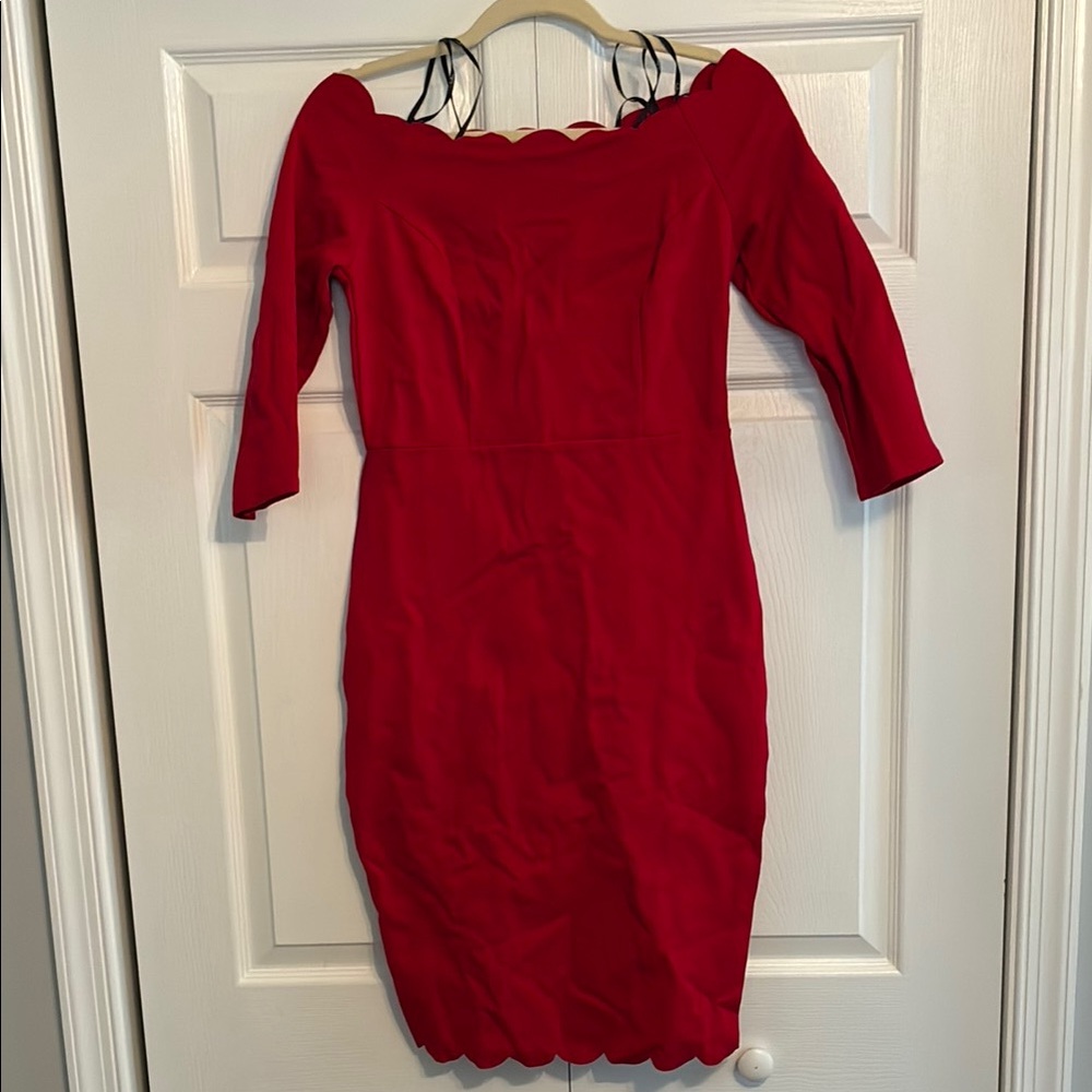 Red Scallop-Edge Off-Shoulder Dress